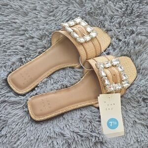 🆕️ A New Day Tan Slide Sandals with Rhinestone Buckle